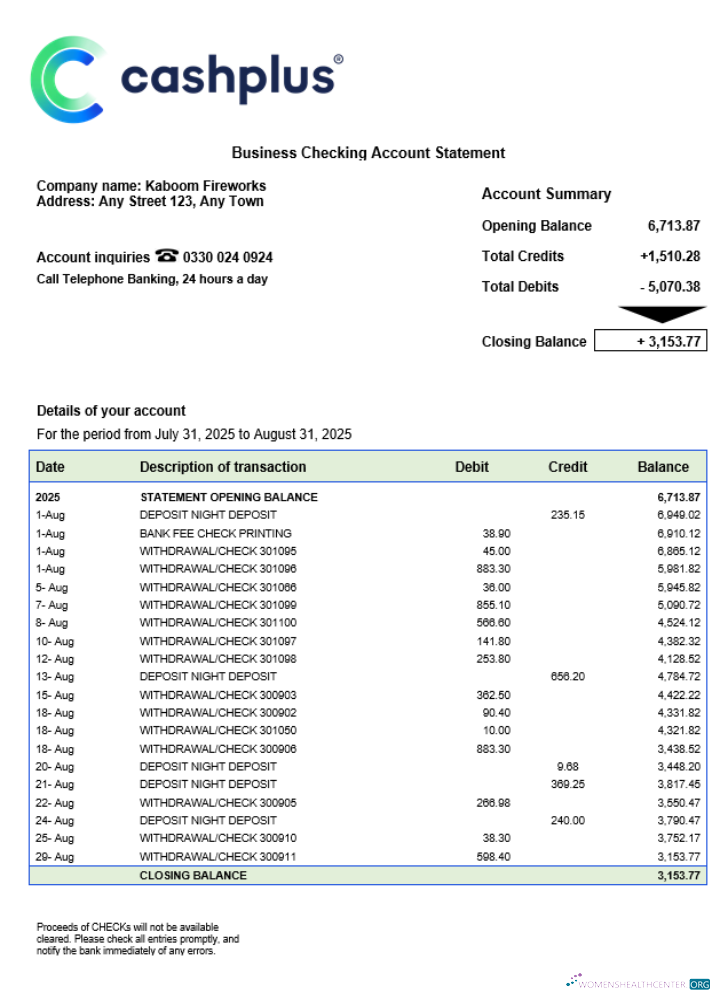 Download United Kingdom Cashplus corporate account statement Word and PDF template Photoshop template